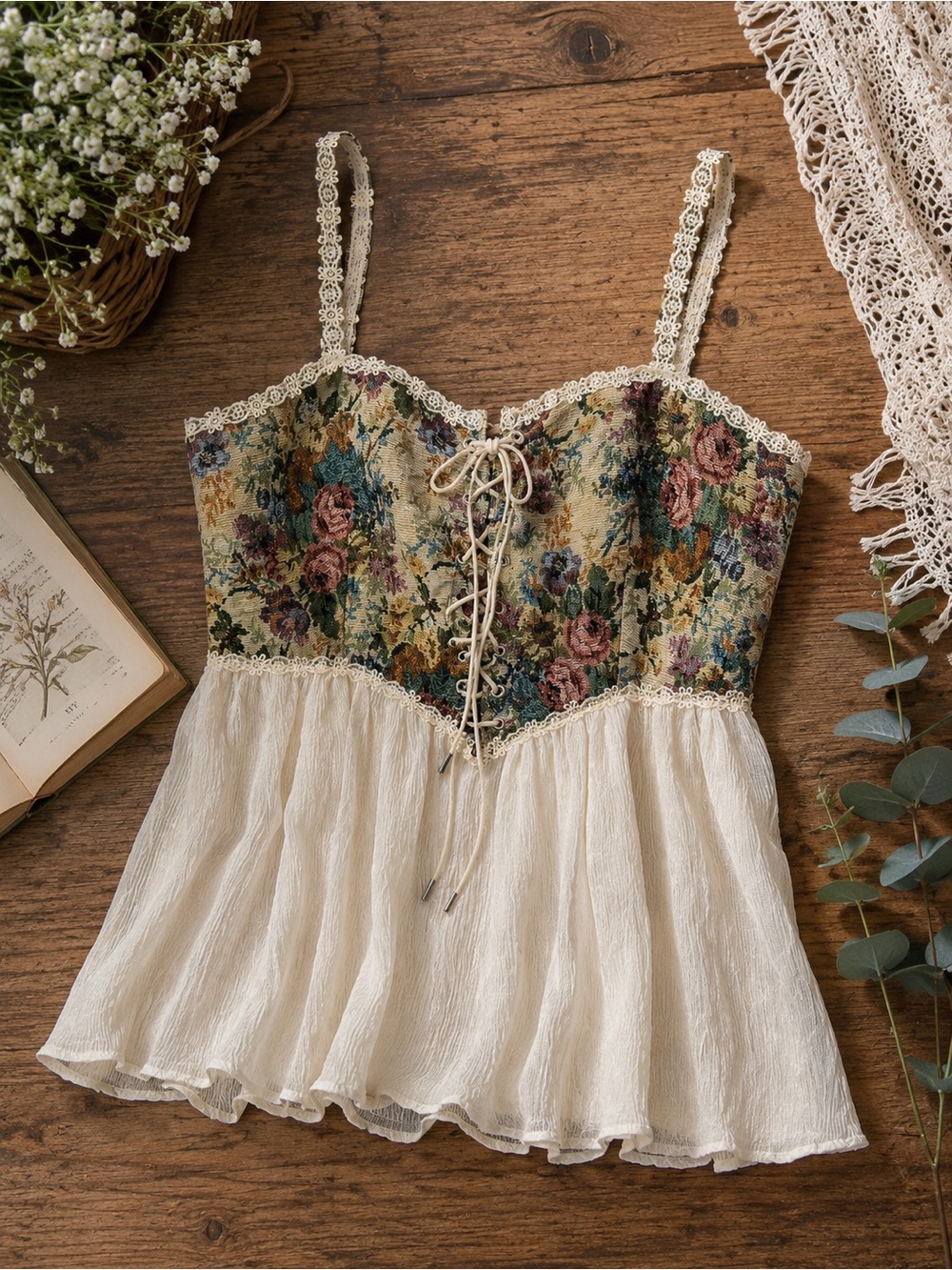 Cider Floral Tapestry Corset Lace Up Babydoll Top Cottagecore Size L